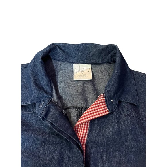 Vintage 90s Style Studio Denim Dress Womens M Red Gingham Cuff 3/4 Sleeve - Picture 16 of 16